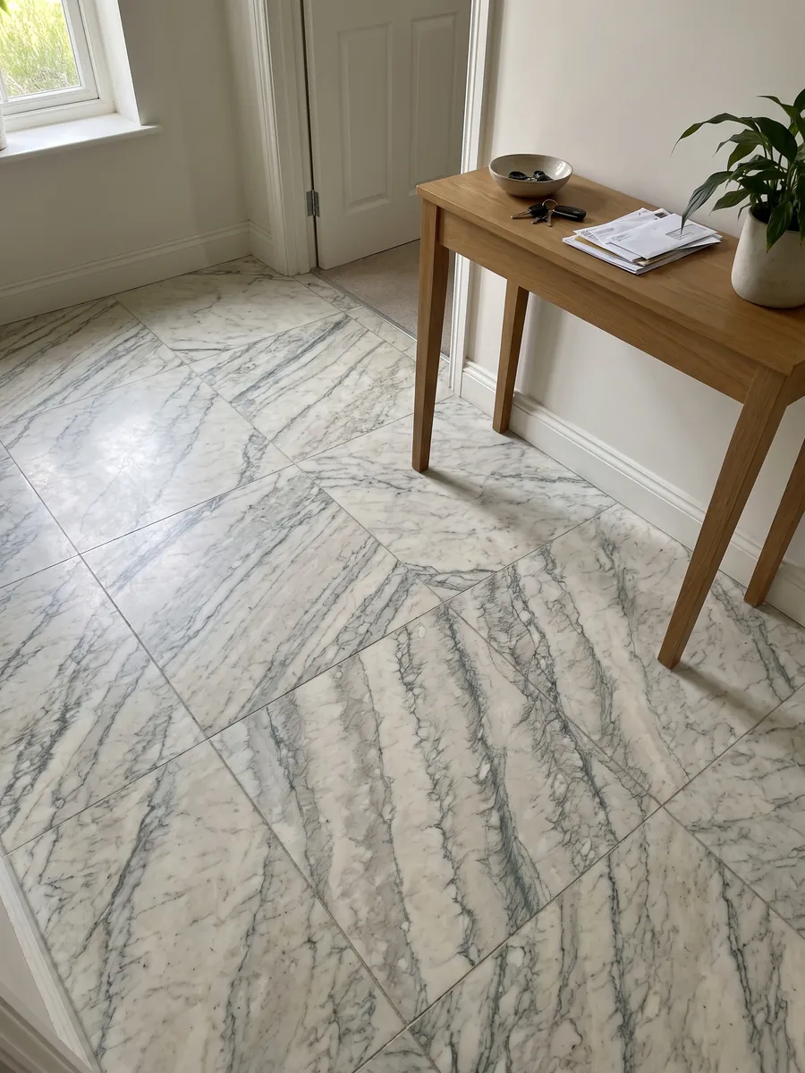 Entryway floor in large Cipollino Verde marble slabs with natural light: warm white with parallel bands of fine greenish veins