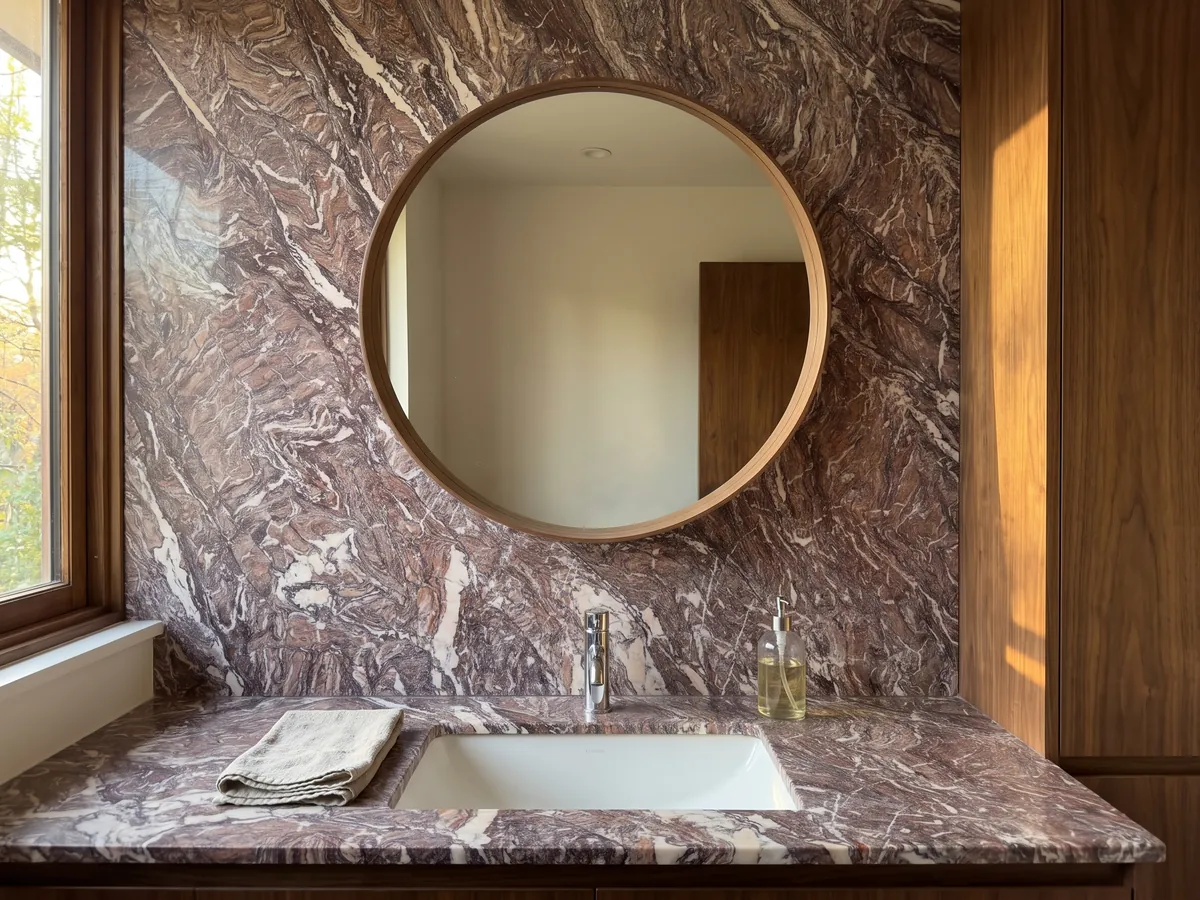Vanity top and bathroom wall in Cipollino Viola marble with a white sink and chrome faucets: reddish violet with dense fine folds and some white veins