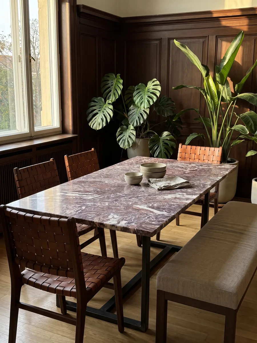 Dining table with a Cipollino Viola marble top on a steel base: reddish violet with dense fine folds and some white veins