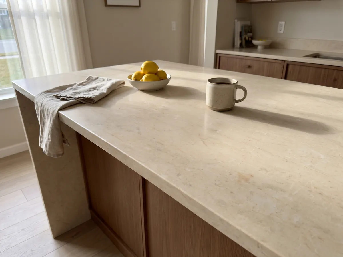 Kitchen island with a Crema Marfil marble countertop and a straight edge in a naturally lit kitchen: even cream color with almost no veining