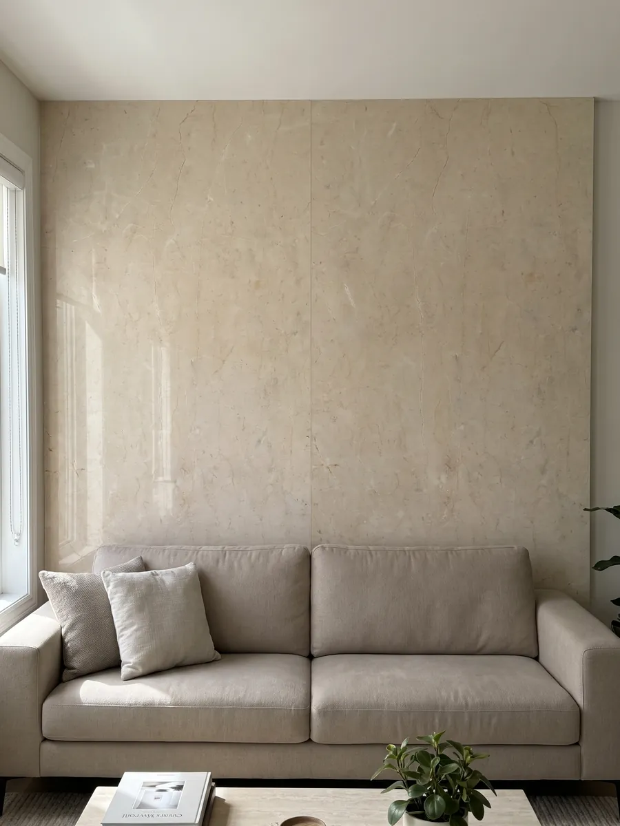 Parede de sala revestida com chapas de Mármore Crema Marfil em bookmatch atrás de um sofá: creme uniforme quase sem desenho