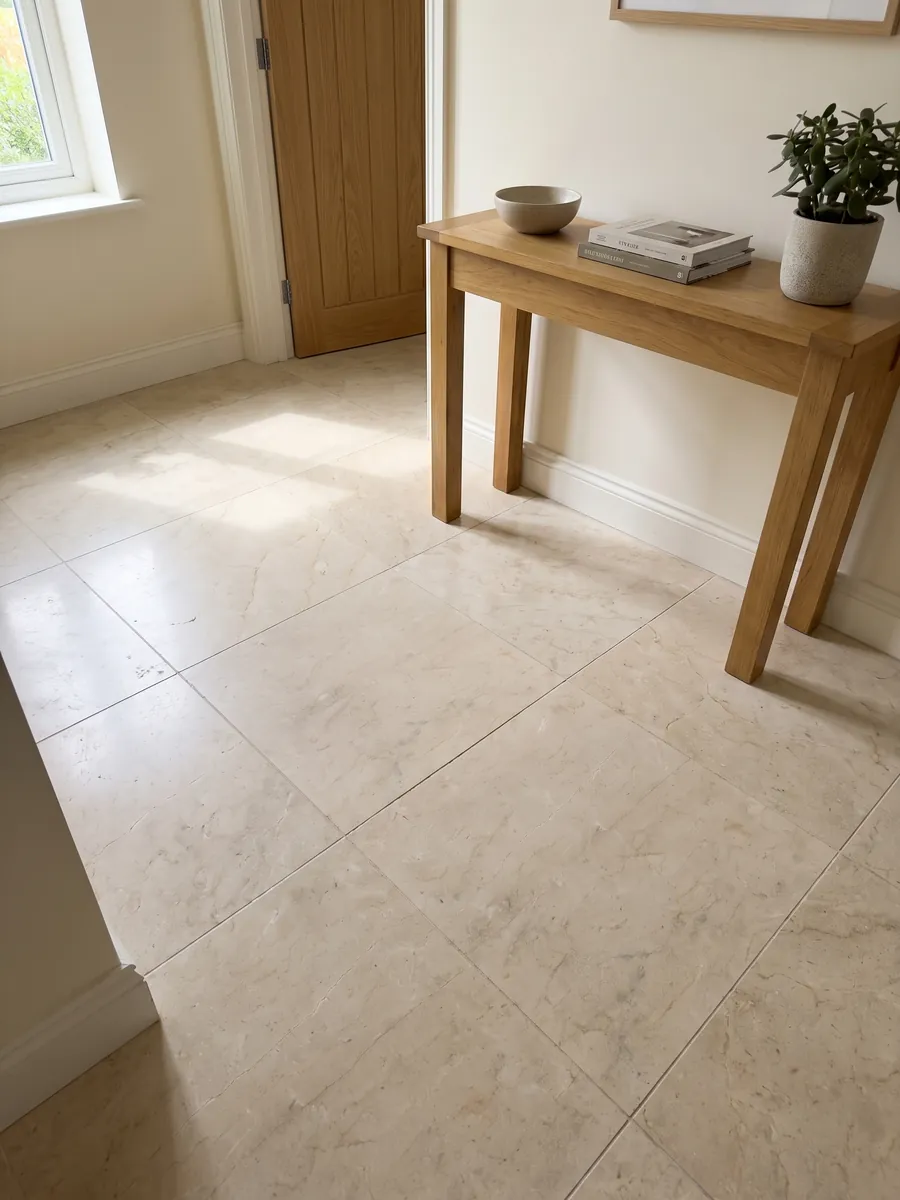 Piso de hall em placas grandes de Mármore Crema Marfil com luz natural: creme uniforme quase sem desenho