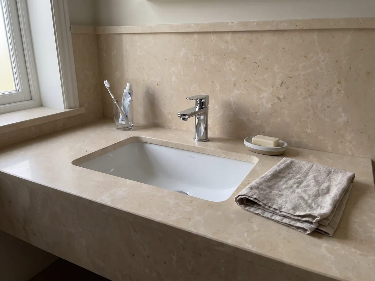 Vanity top and bathroom wall in Crema Nuova marble with a white sink and chrome faucets: warm cream with diffuse light patches