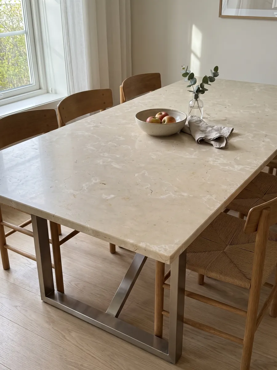 Dining table with a Crema Nuova marble top on a steel base: warm cream with soft, diffused light patches