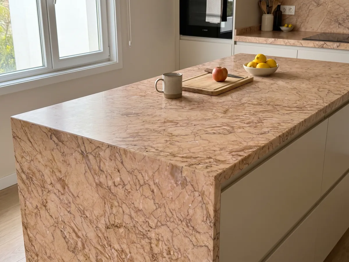 Kitchen island with a Crema Valencia marble countertop and a straight edge in a kitchen with natural light: pinkish salmon with a dense web of fine brown veins