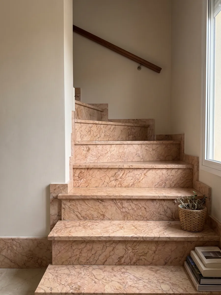 Indoor staircase with Crema Valencia marble steps and a handrail: pinkish salmon with a dense web of fine brown veins
