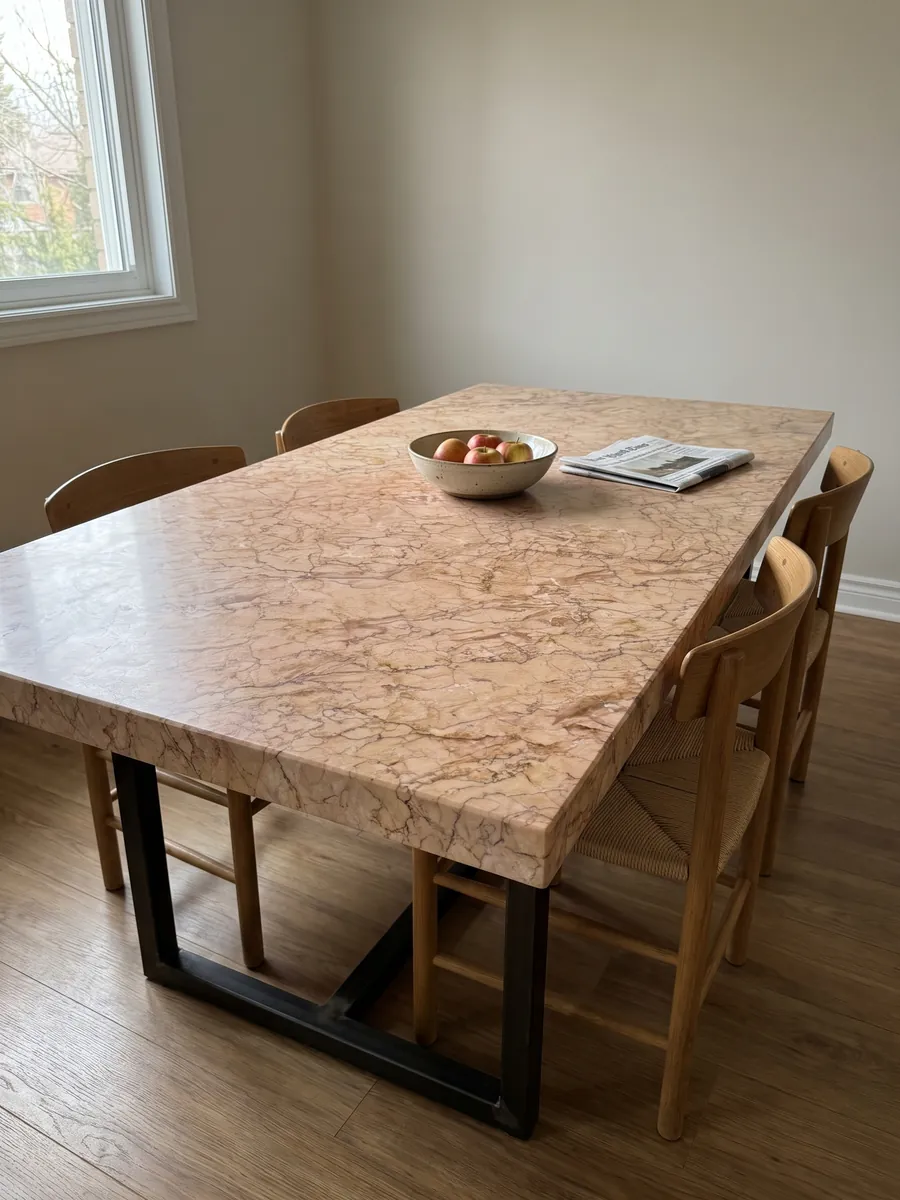 Dining table with a Crema Valencia marble top on a steel base: pinkish salmon with a dense web of fine brown veins