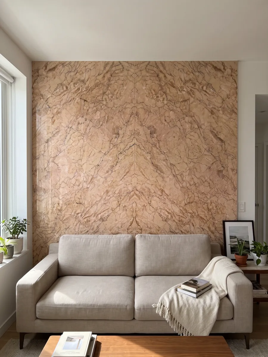 Living room wall clad in bookmatched Crema Valencia marble slabs behind a sofa: pinkish salmon with a dense web of fine brown veins