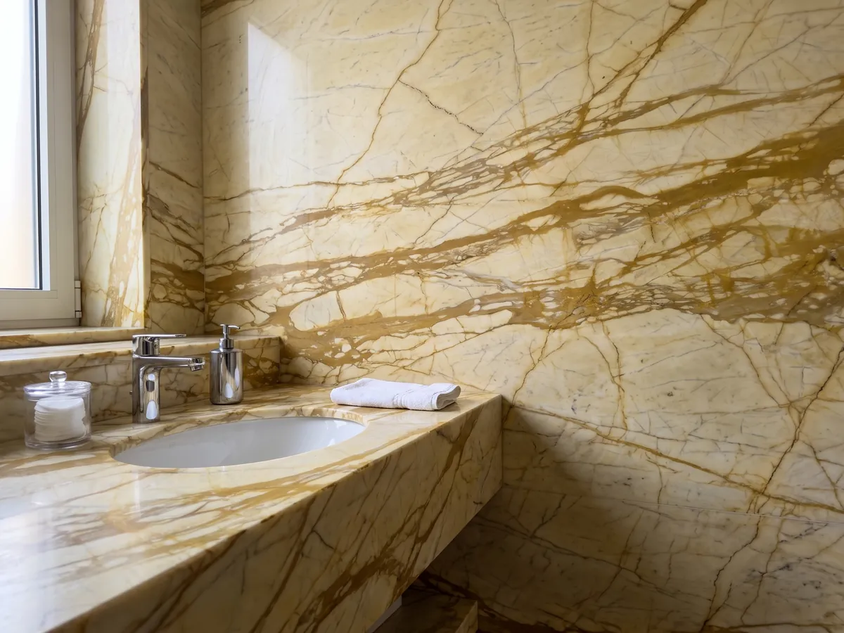 Bathroom vanity top and wall in golden Calacatta Siena marble with a white sink and chrome fixtures: pale yellow with a web of thick golden ochre veins running horizontally