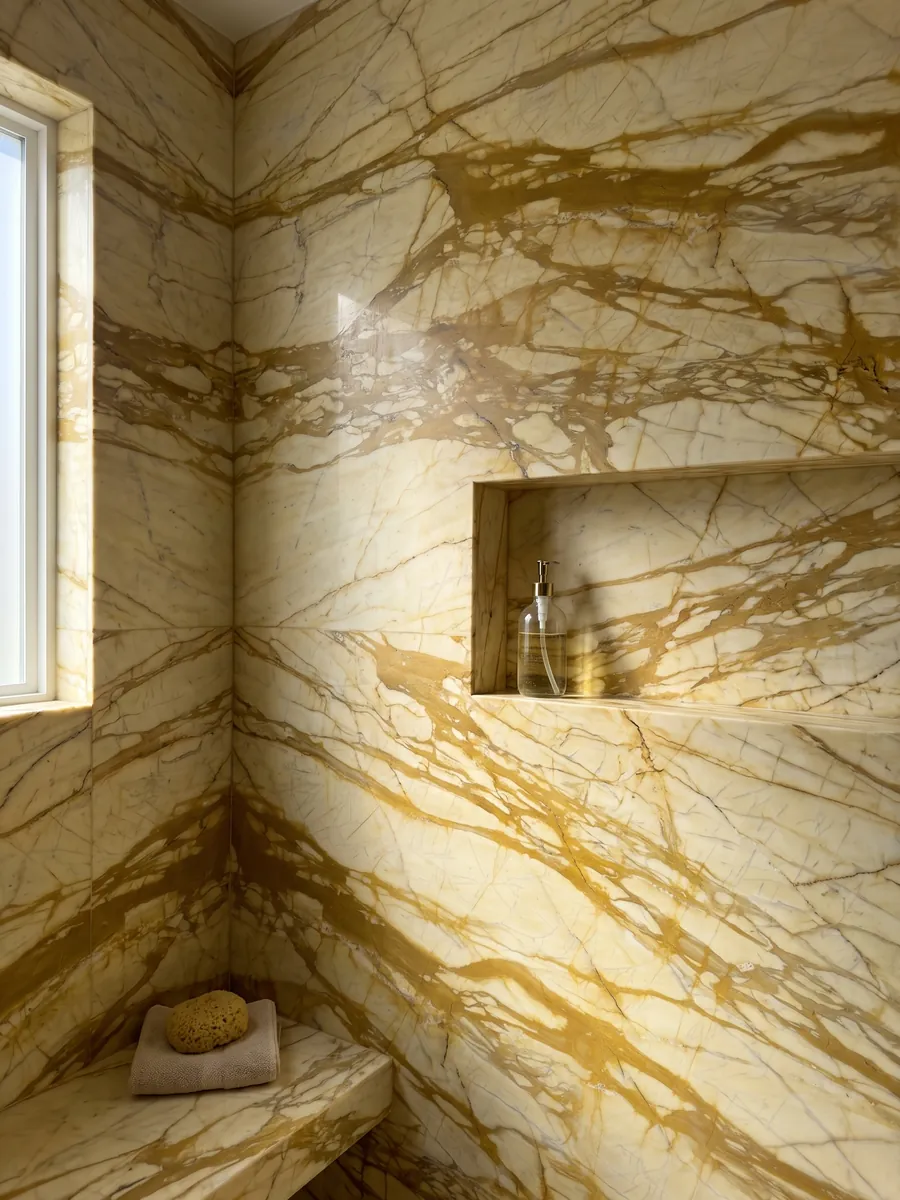 Shower clad in whole golden Calacatta Siena marble slabs with a recessed niche: pale yellow with a web of thick golden ochre veins running horizontally