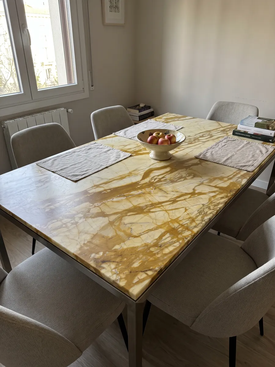 Dining table with a golden Calacatta Siena marble top on a steel base: pale yellow with a web of thick golden ochre veins running horizontally