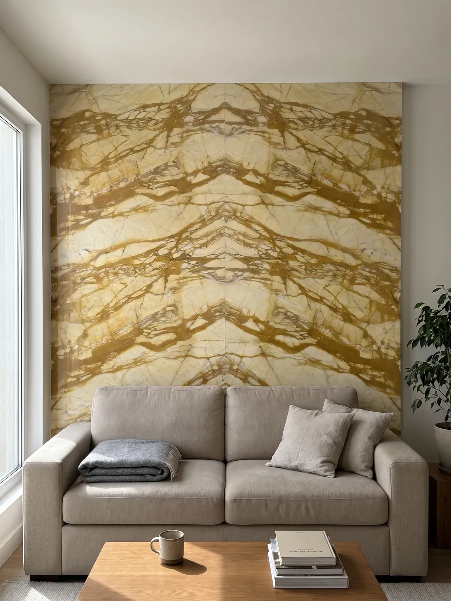 Living room wall clad in bookmatched golden Calacatta Siena marble slabs behind a sofa: pale yellow with a web of thick golden ochre veins running horizontally