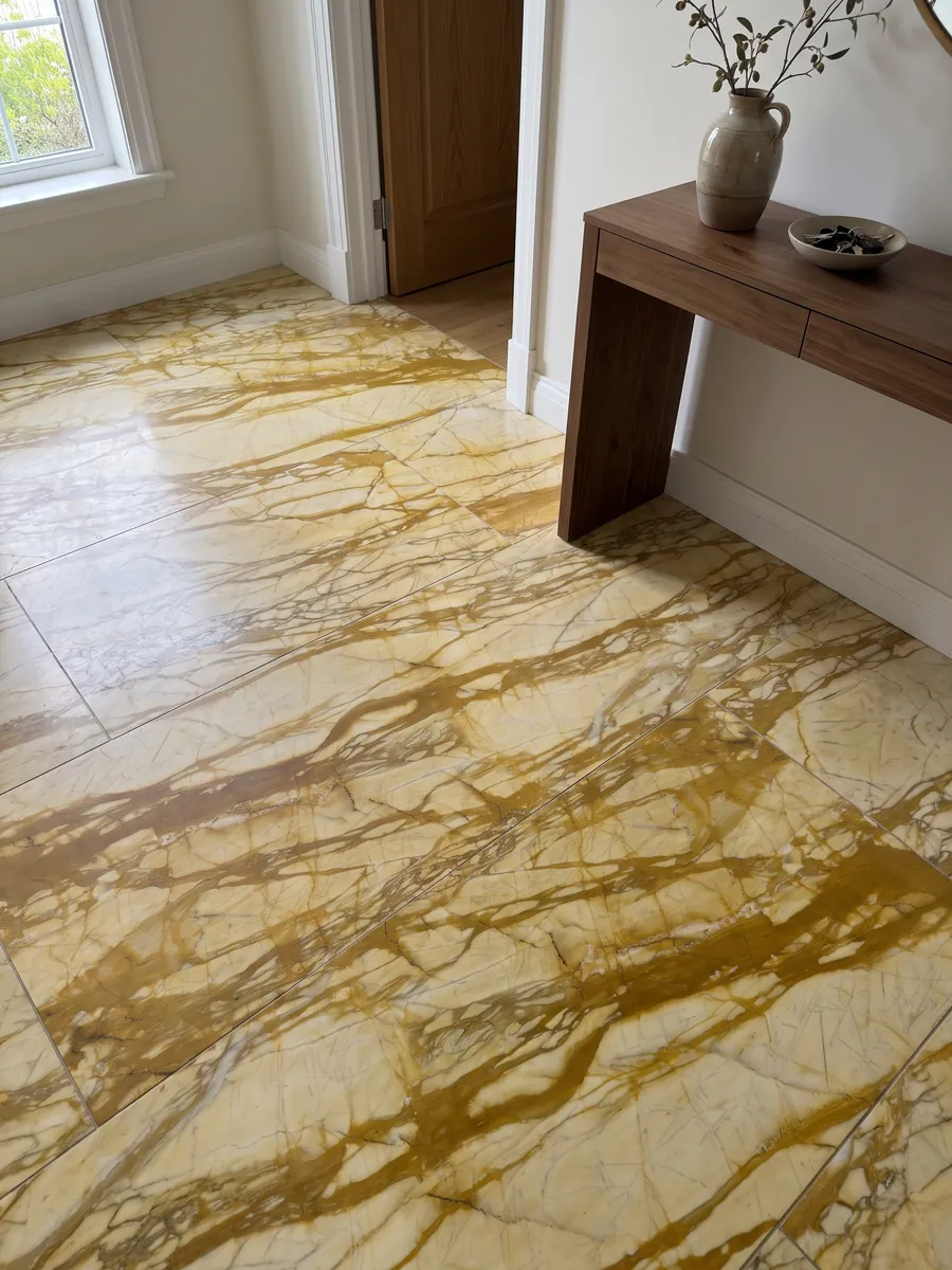 Entryway floor in large golden Calacatta Siena marble slabs with natural light: pale yellow with a web of thick golden ochre veins running horizontally