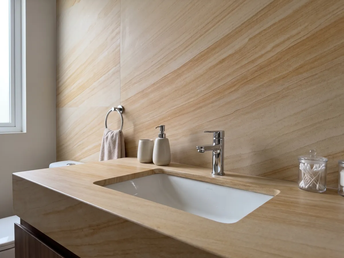 Vanity top and bathroom wall in golden Douglas marble with a white sink and chrome fixtures: parallel ocher and cream bands running diagonally, with a sandstone look