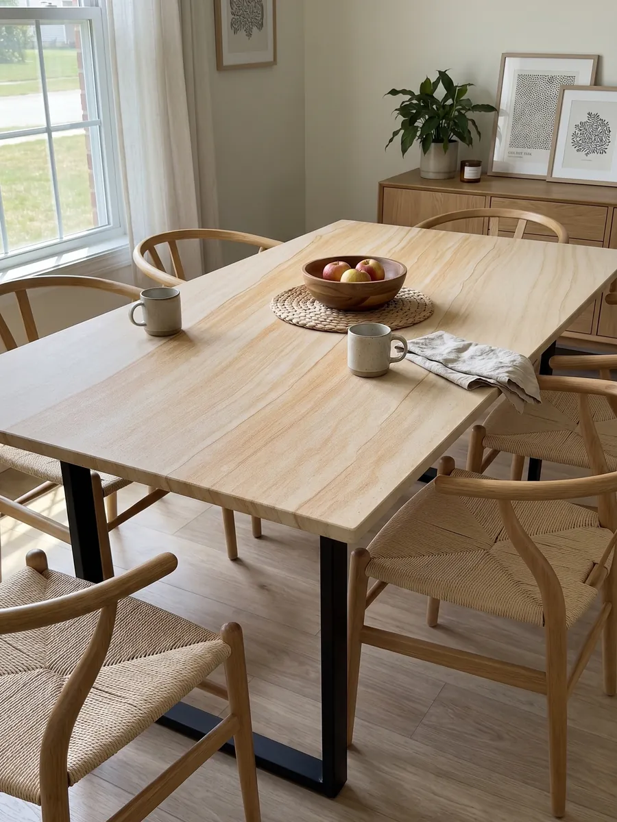 Dining table with a golden Douglas marble top on a steel base: parallel ocher and cream bands running diagonally, with a sandstone look
