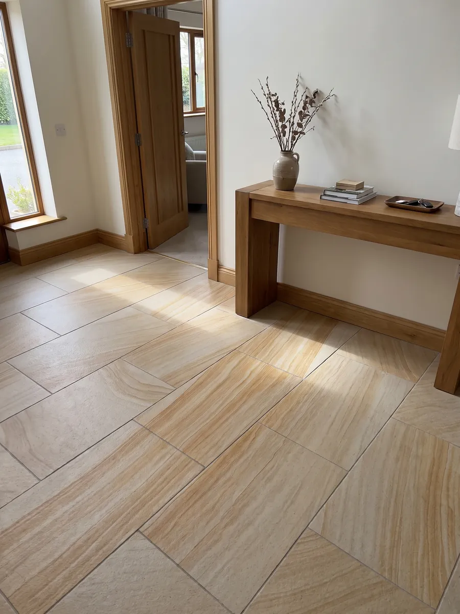 Entryway floor in large slabs of golden Douglas marble with natural light: parallel ocher and cream bands running diagonally, with a sandstone look