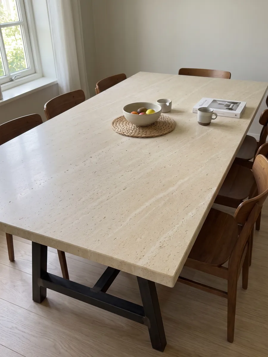 Dining table with a Fior di Crema marble top on a steel base: a very even cream surface, fine grained, with no visible veins