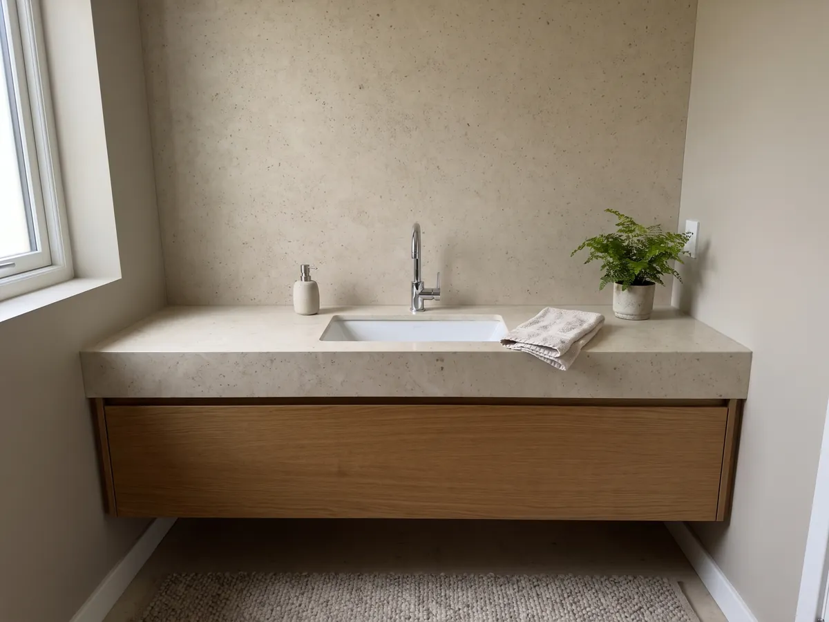 Vanity top and bathroom wall in Gascogne Beige marble with a white sink and chrome faucet: a nearly smooth grayish beige with barely visible dark specks