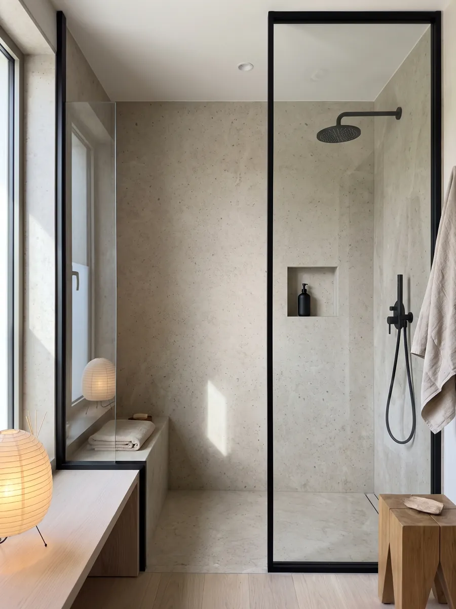 Shower clad in full slabs of Gascogne Beige marble with a recessed niche: a nearly smooth grayish beige with barely visible dark specks