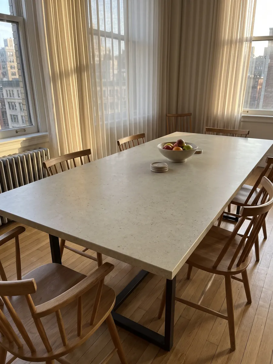 Dining table with a Gascogne Beige marble top on a steel base: a nearly smooth grayish beige with barely visible dark specks