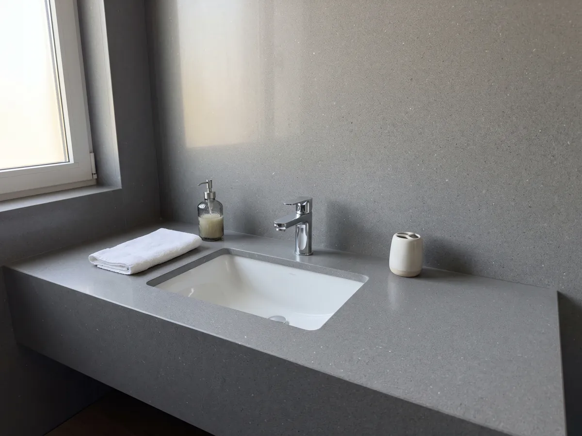 Vanity top and bathroom wall in Grigio Aitos marble with a white sink and chrome faucets: medium gray, fine grained, evenly speckled, no veins