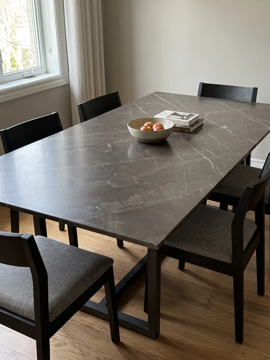 Dining table with a Grigio Amani marble top on a steel base: dark taupe background crossed by fine white diagonal veins