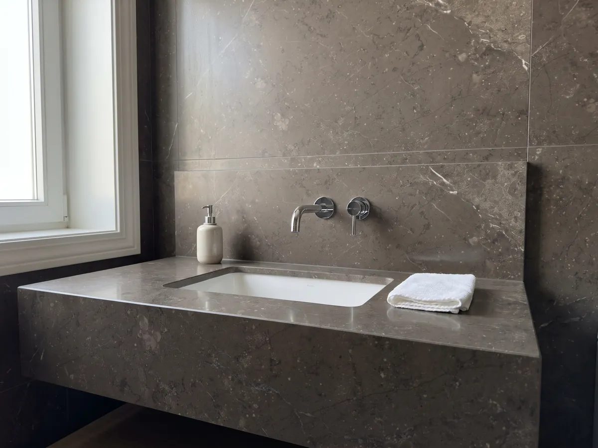 Vanity top and bathroom wall in Grigio Antracite marble with a white sink and chrome faucets: taupe gray with small flecks and barely a fine white vein