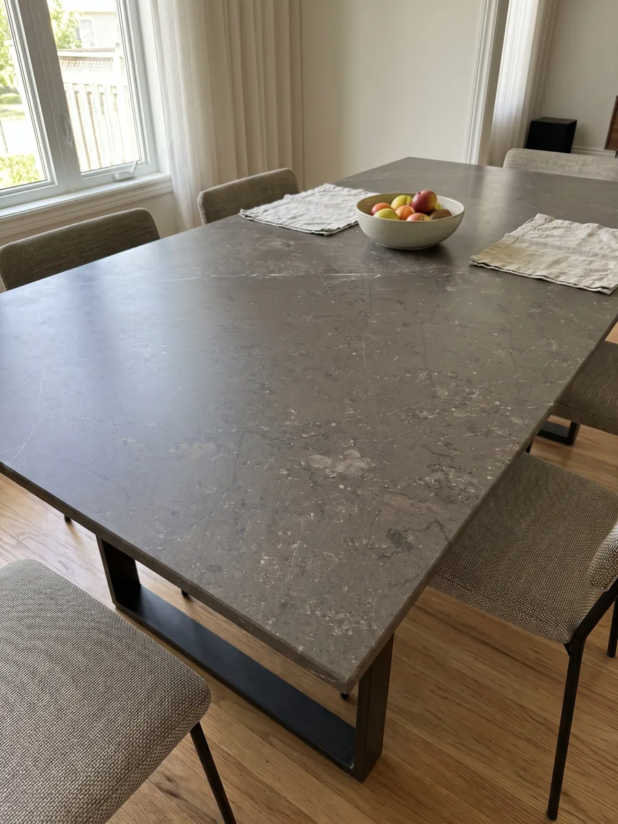 Dining table with a Grigio Antracite marble top on a steel base: taupe gray with small flecks and barely a fine white vein
