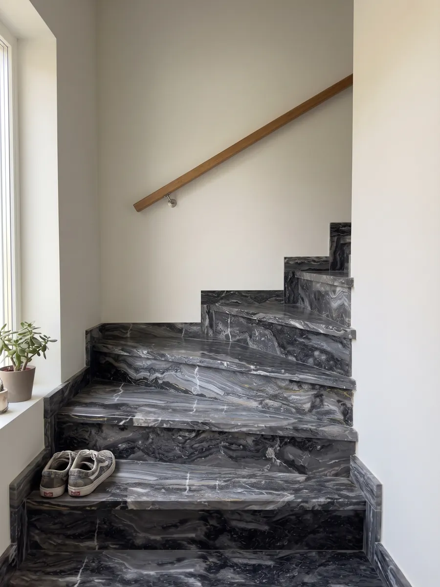 Interior staircase with gray Arabescato Grigio Orobico marble treads and a handrail: anthracite gray with horizontal waves and a few fine white veins crossing it vertically