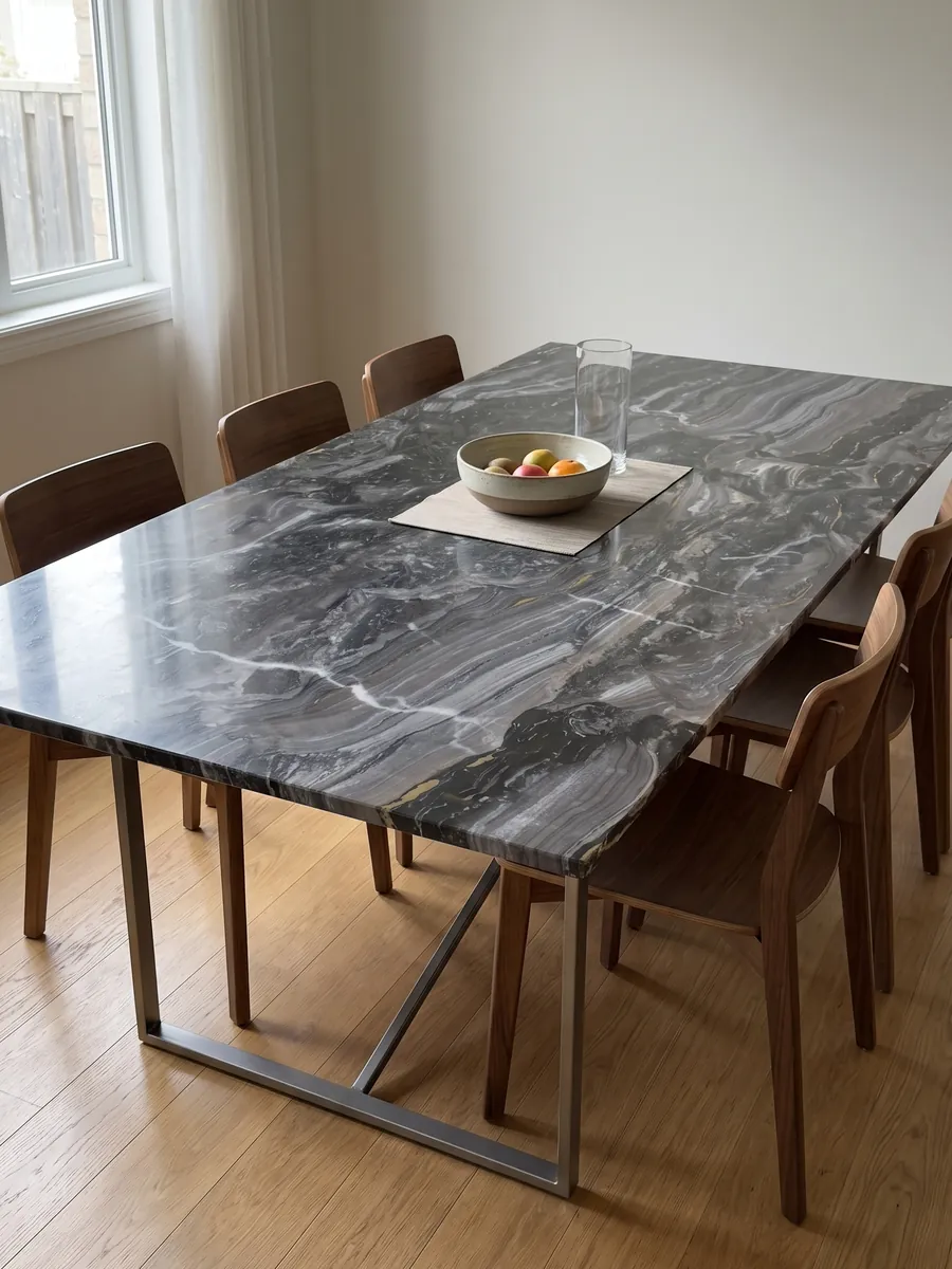 Dining table with a gray Arabescato Grigio Orobico marble top on a steel base: anthracite gray with horizontal waves and a few fine white veins crossing it vertically