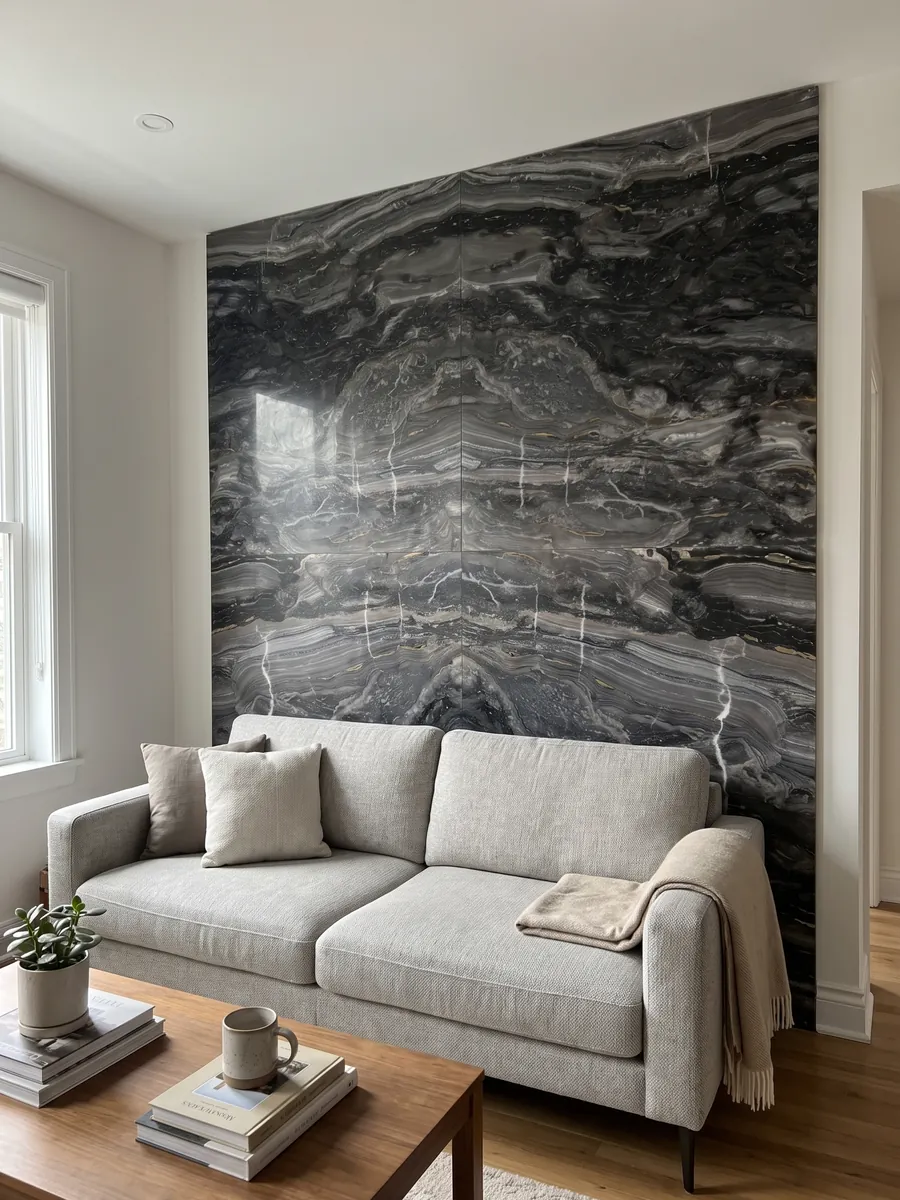 Living room wall clad in bookmatched gray Arabescato Grigio Orobico marble slabs: anthracite gray with horizontal waves and a few fine white veins crossing it vertically