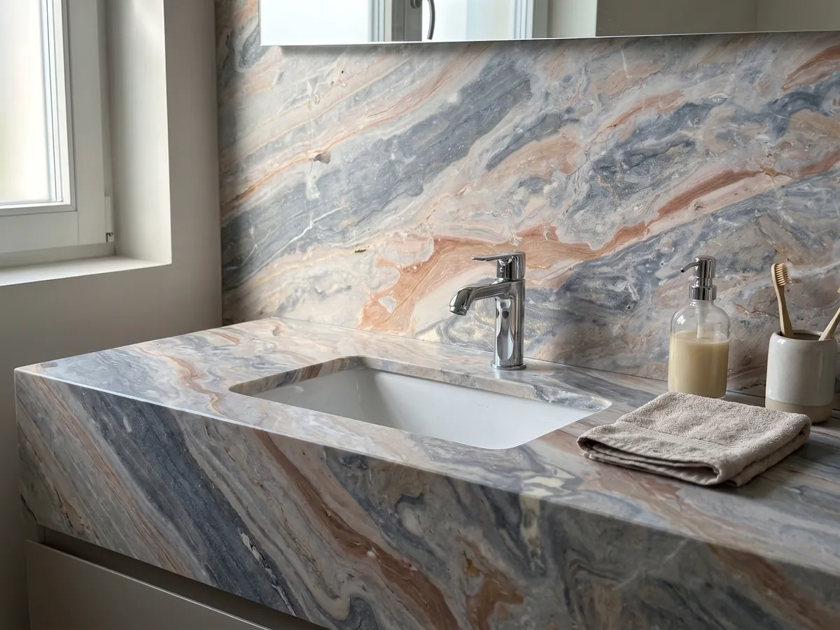 Vanity top and bathroom wall in gray Arabescato Orobico Grigiorosa marble with a white sink and chrome fixtures: mixed blue-gray and salmon pink waves on the diagonal across the whole slab