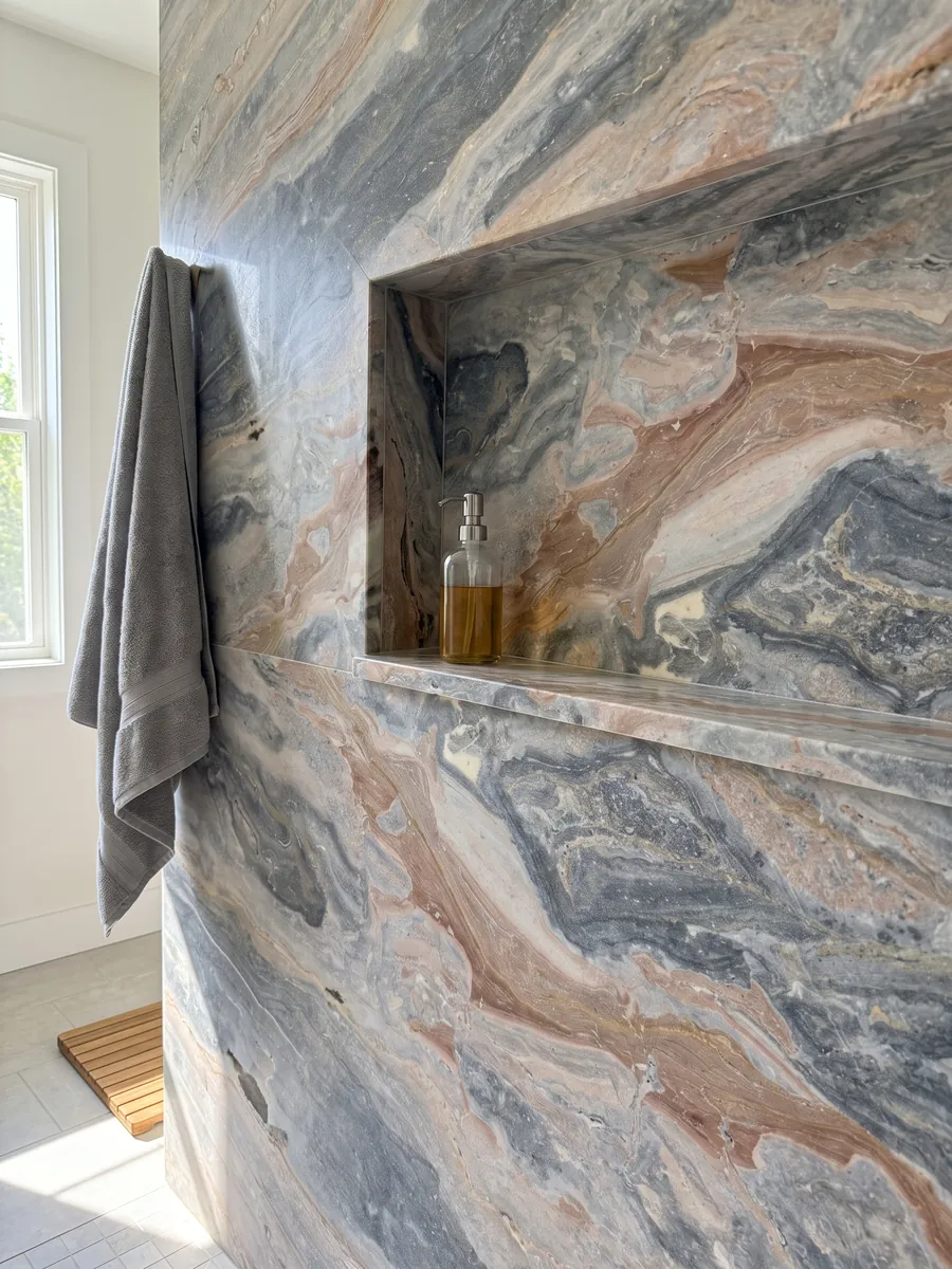 Shower clad in full slabs of gray Arabescato Orobico Grigiorosa marble with a recessed niche: mixed blue-gray and salmon pink waves running diagonally across the whole slab