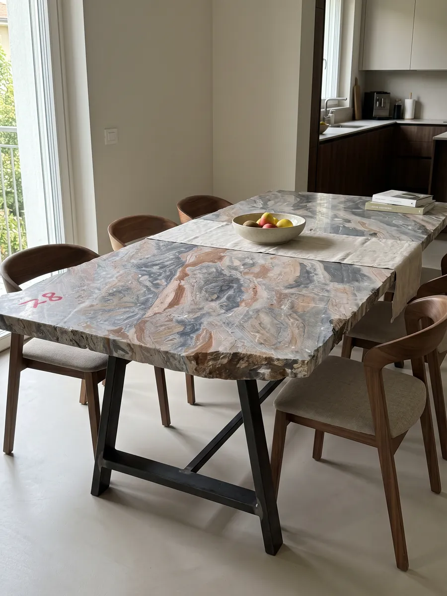 Dining table with a gray Arabescato Orobico Grigiorosa marble top on a steel base: mixed blue-gray and salmon pink waves running diagonally across the whole slab