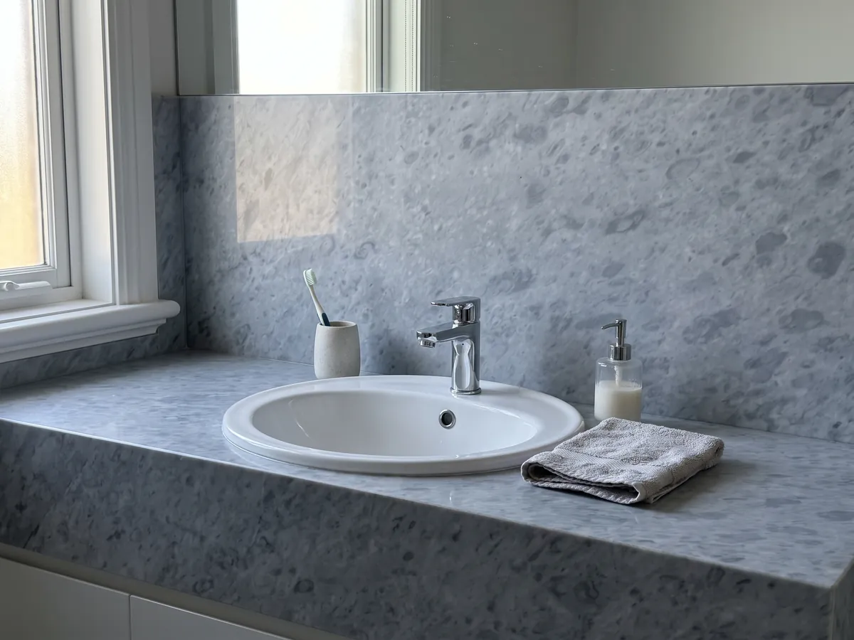 Vanity top and bathroom wall in gray Bardiglio Imperiale marble with a white sink and chrome fixtures: even blue-gray with round spots slightly darker