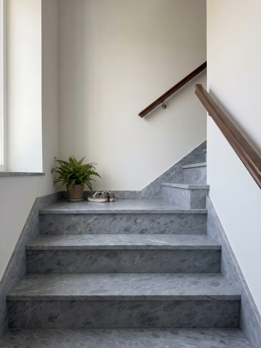 Indoor staircase with gray Bardiglio Imperiale marble treads and a handrail: even blue-gray with round spots slightly darker
