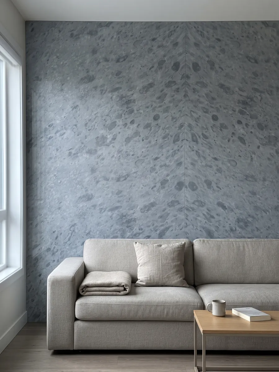 Living room wall clad in bookmatched gray Bardiglio Imperiale marble slabs behind a sofa: even blue-gray with round spots slightly darker