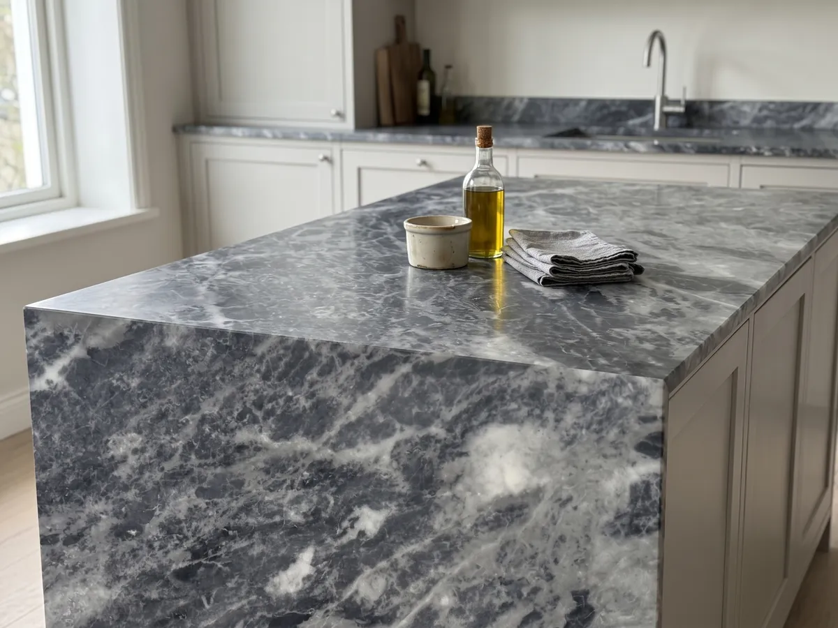 Kitchen island with a gray Bardiglio Nuvolato marble countertop and a straight edge in a kitchen with natural light: dark blue-gray with diffuse whitish clouds and veins in diagonal