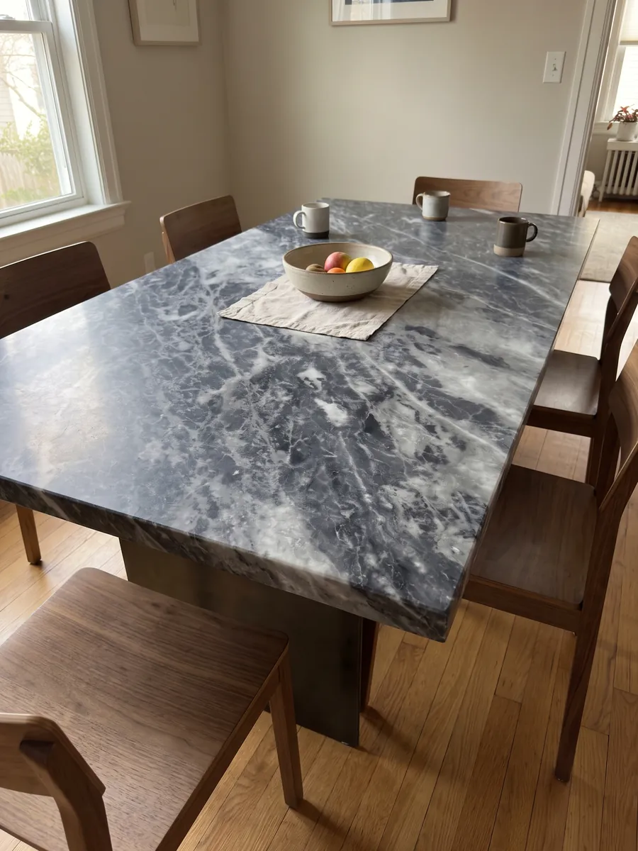 Dining table with a gray Bardiglio Nuvolato marble top on a steel base: dark blue-gray with diffuse whitish clouds and veins in diagonal