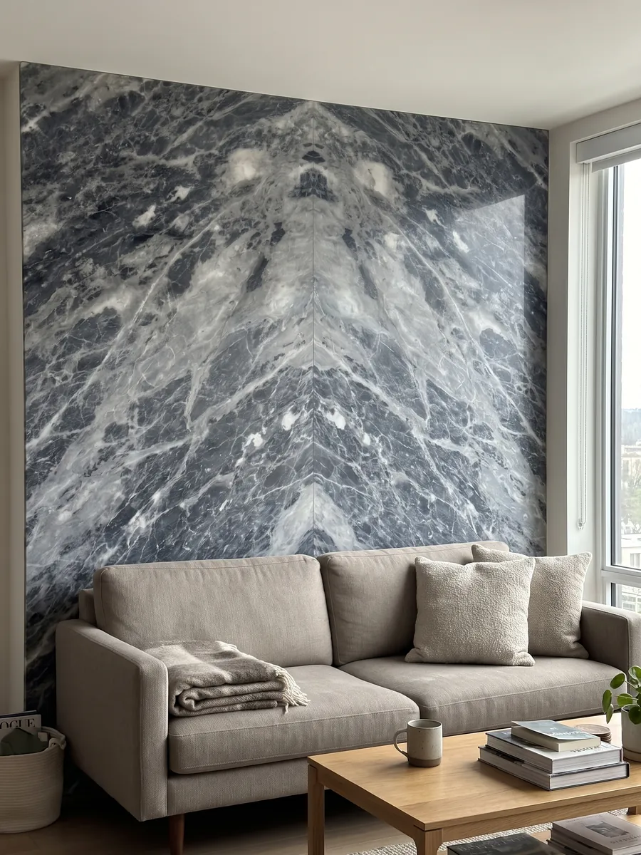 Living room wall clad in bookmatched gray Bardiglio Nuvolato marble slabs behind a sofa: dark blue-gray with diffuse whitish clouds and veins in diagonal