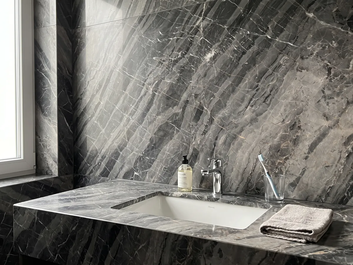 Vanity top and bathroom wall in gray Bellagio marble with a white sink and chrome faucets: gray bands stepped on the diagonal with a fine network of white veins