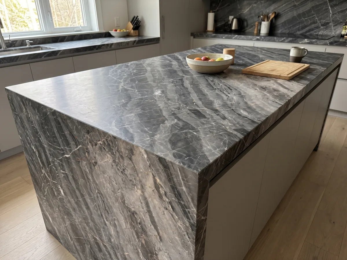 Kitchen island with a gray Bellagio marble countertop and a straight edge in a naturally lit kitchen: gray bands stepped on the diagonal with a fine network of white veins