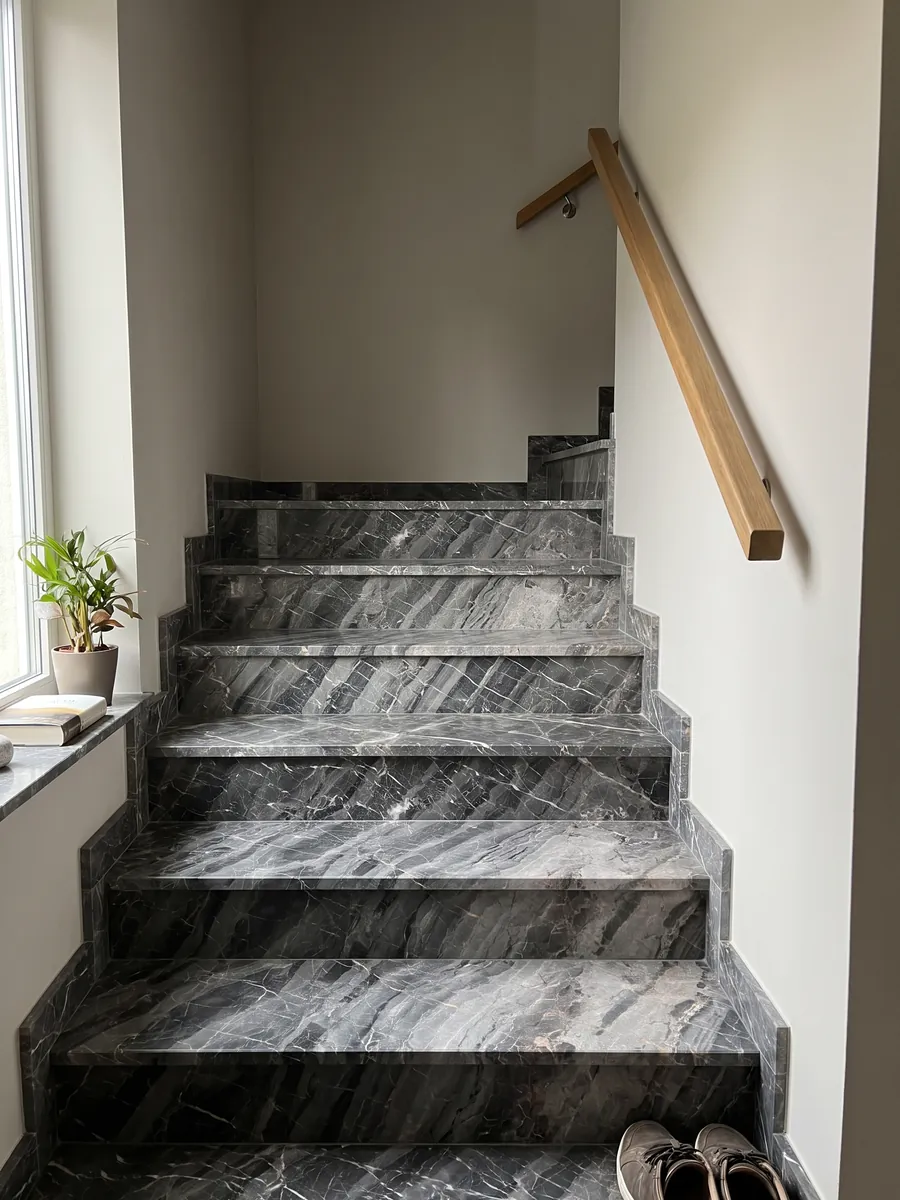 Interior staircase with gray Bellagio marble steps and a handrail: gray bands stepped on the diagonal with a fine network of white veins