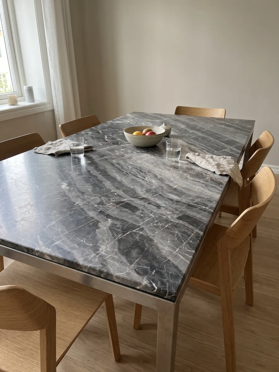Dining table with a gray Bellagio marble top on a steel base: gray bands stepped on the diagonal with a fine network of white veins