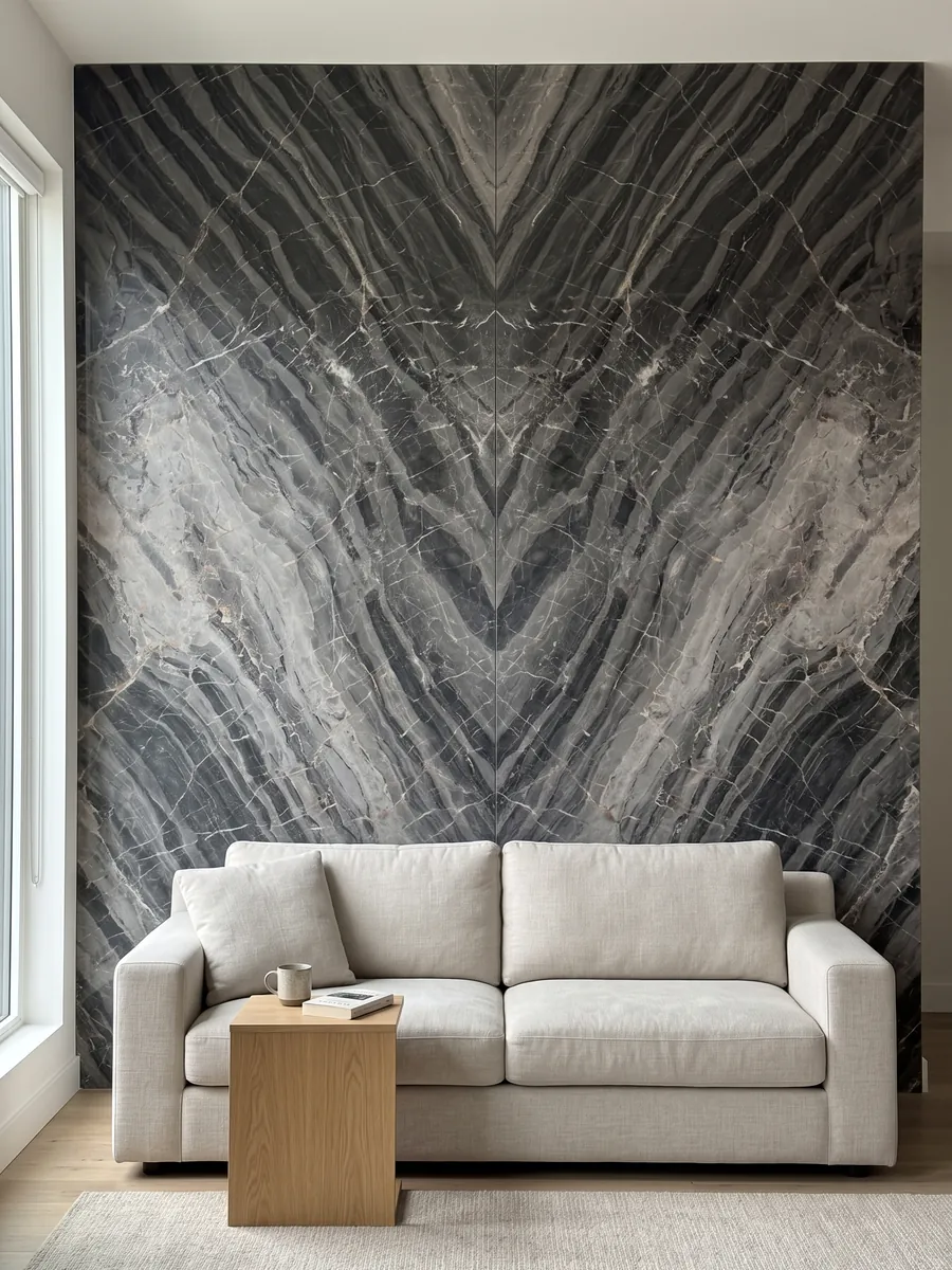 Living room wall clad in bookmatched gray Bellagio marble slabs behind a sofa: gray bands stepped on the diagonal with a fine network of white veins