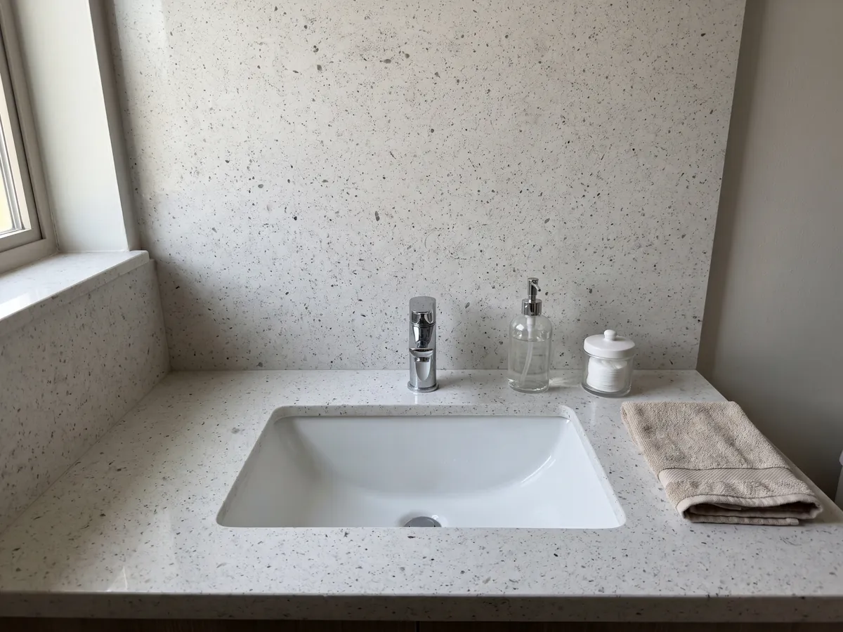 Vanity top and bathroom wall in gray Bianco Martel marble with a white sink and chrome fixtures: smooth light gray with many small dark speckles spread across