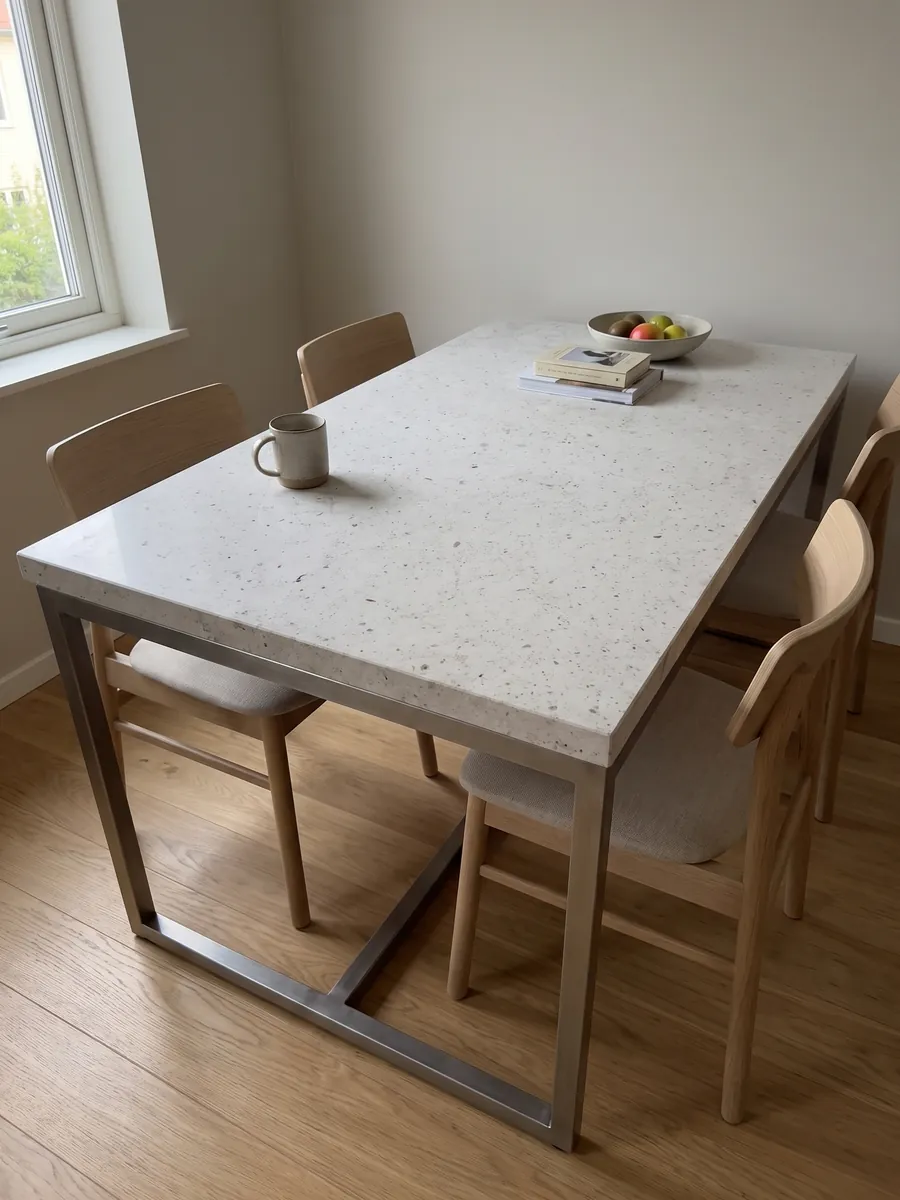 Dining table with a gray Bianco Martel marble top on a steel base: smooth light gray with many small dark dots spread across it