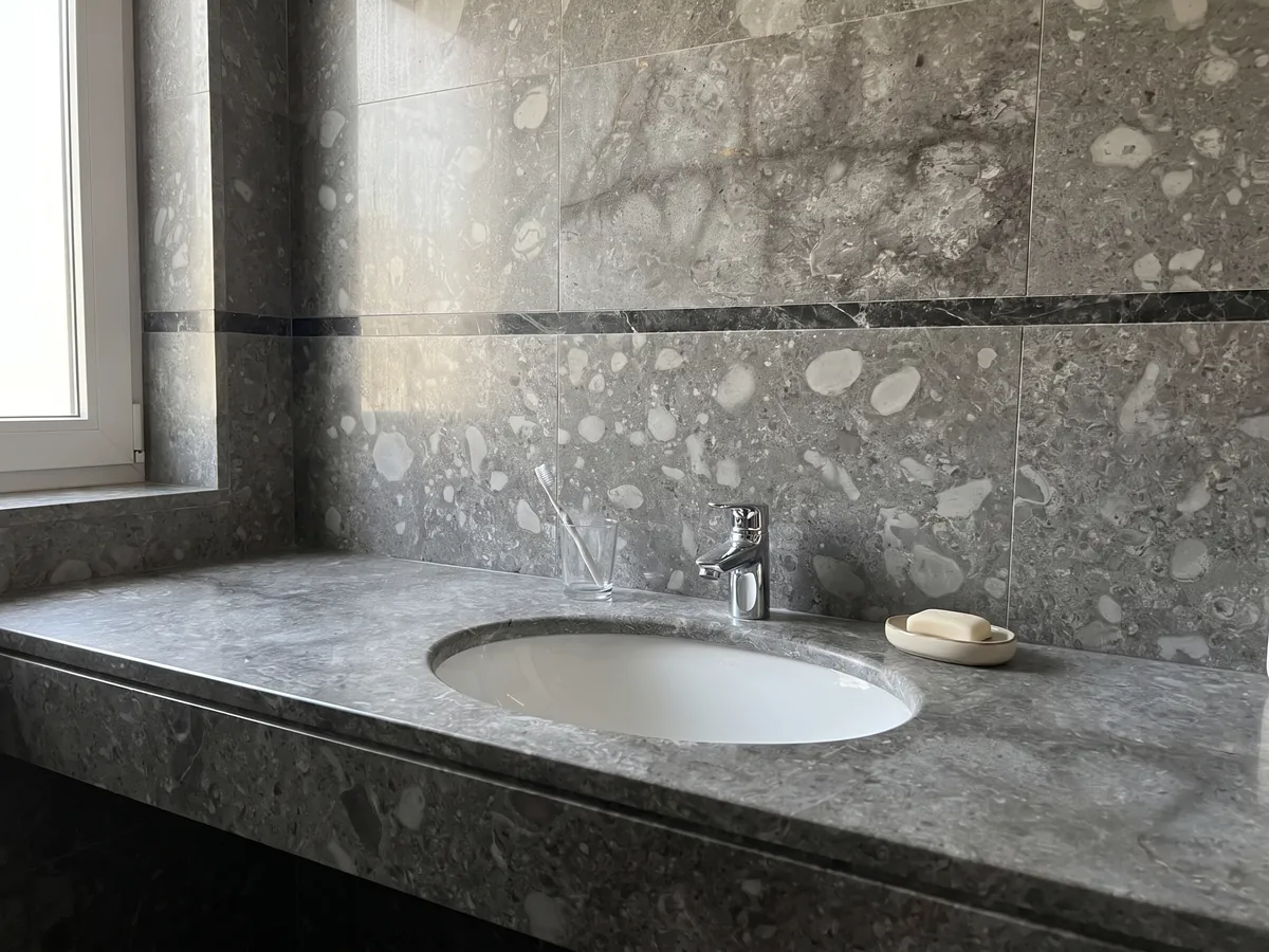 Vanity top and bathroom wall in Grigio Billiemi marble with a white sink and chrome faucets: gray with cloud-shaped light patches and a horizontal dark band