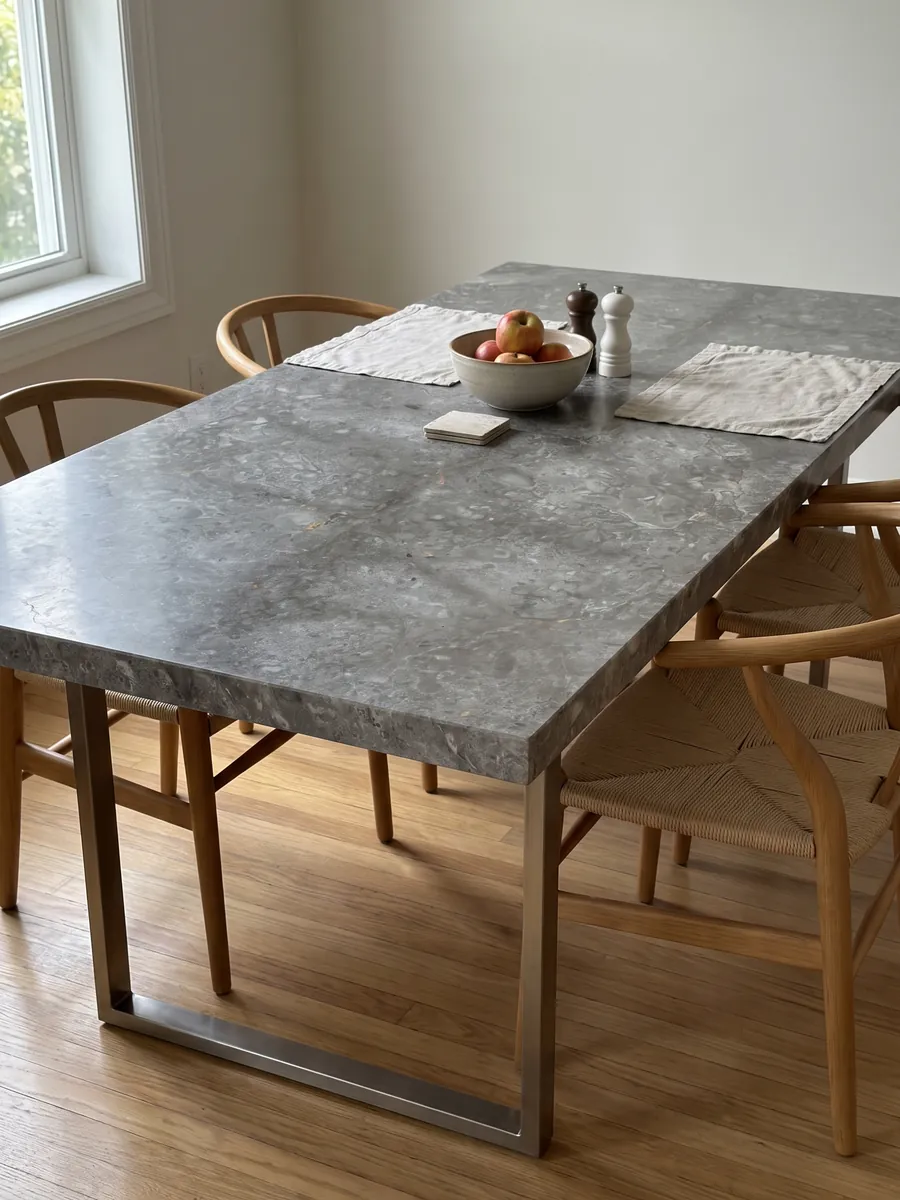 Dining table with a Grigio Billiemi marble top on a steel base: gray with light cloud-shaped patches and a dark horizontal band