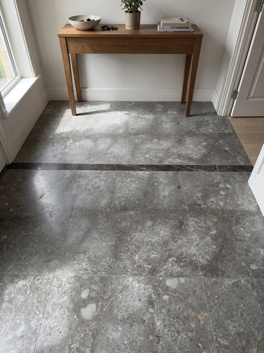 Entryway floor in large Grigio Billiemi marble slabs with natural light: gray with light cloud-shaped patches and a dark horizontal band